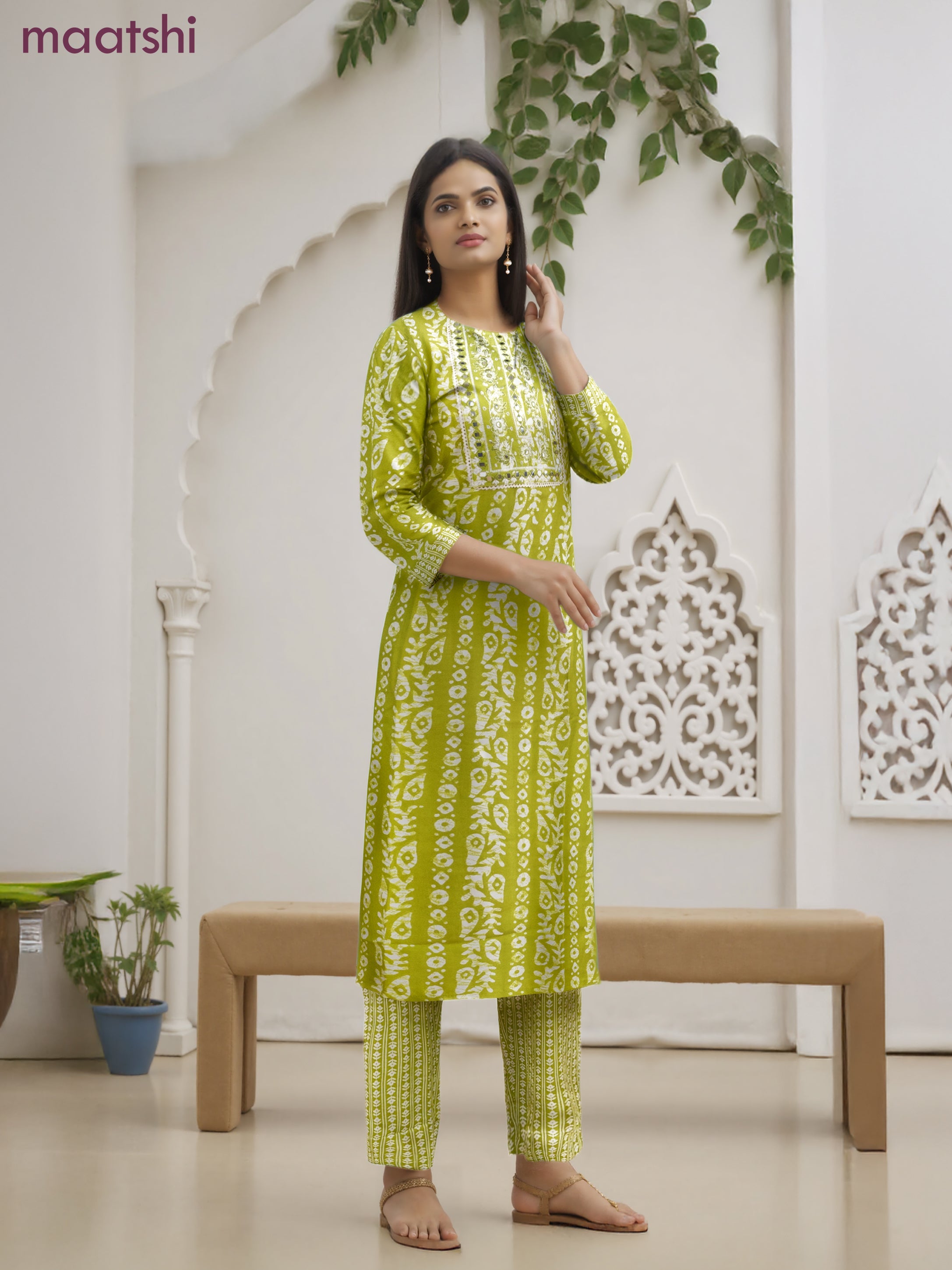 Cotton salwar suit light green and off white with allover batik prints & embroidery lace work neck pattern and straight cut pant & dupatta