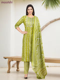 Cotton salwar suit light green and off white with allover batik prints & embroidery lace work neck pattern and straight cut pant & dupatta