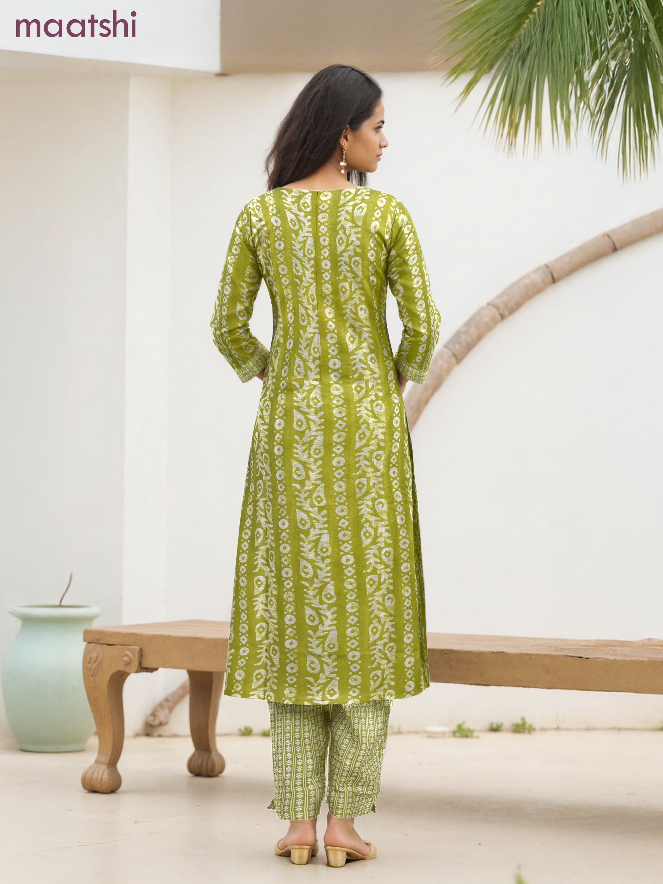 Cotton salwar suit light green and off white with allover batik prints & embroidery lace work neck pattern and straight cut pant & dupatta