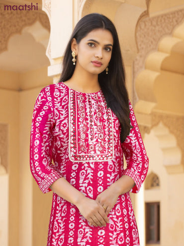 Cotton salwar suit pink and off white with allover batik prints & embroidery lace work neck pattern and straight cut pant & dupatta