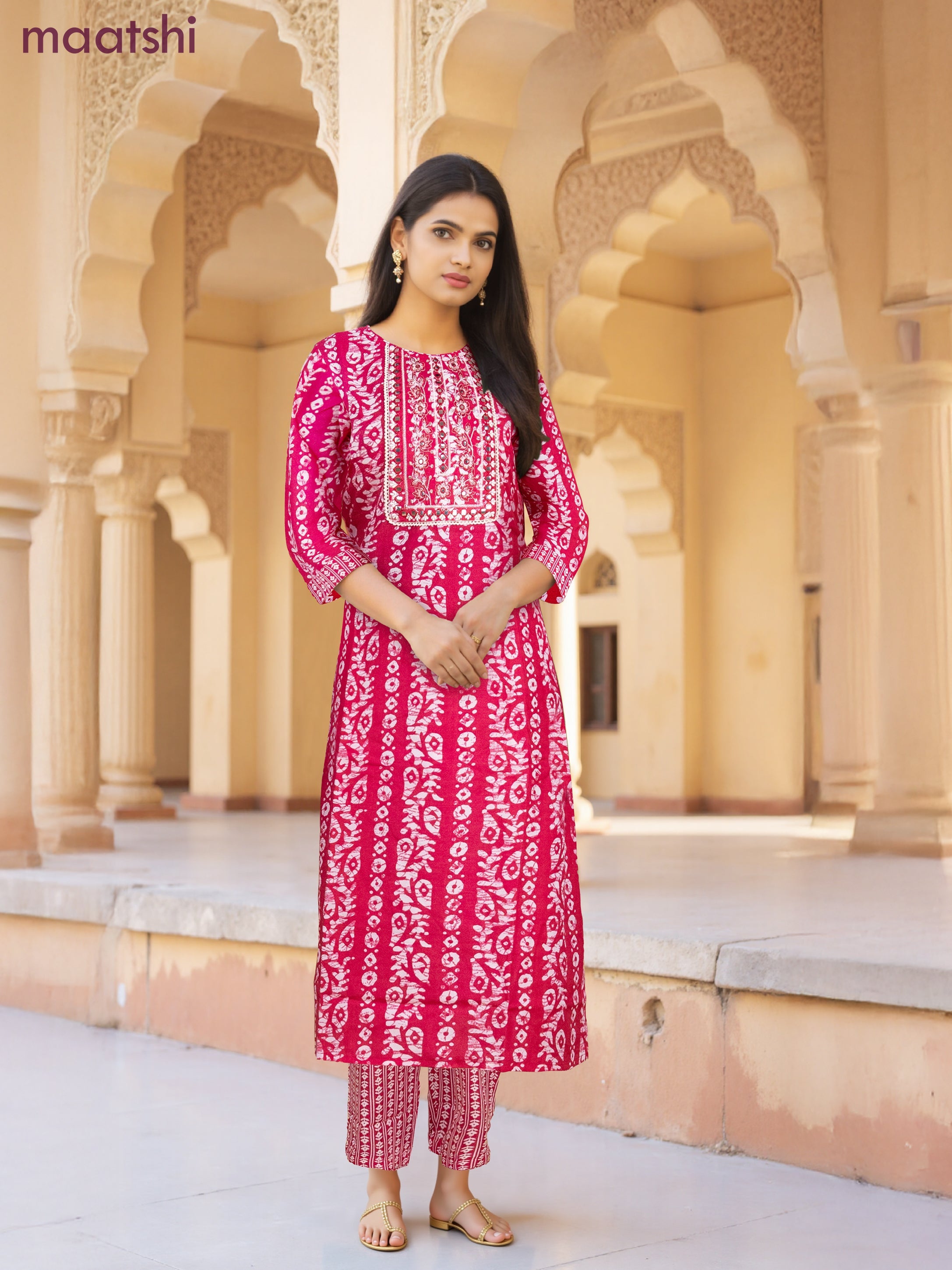 Cotton salwar suit pink and off white with allover batik prints & embroidery lace work neck pattern and straight cut pant & dupatta