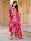 Cotton salwar suit pink and off white with allover batik prints & embroidery lace work neck pattern and straight cut pant & dupatta