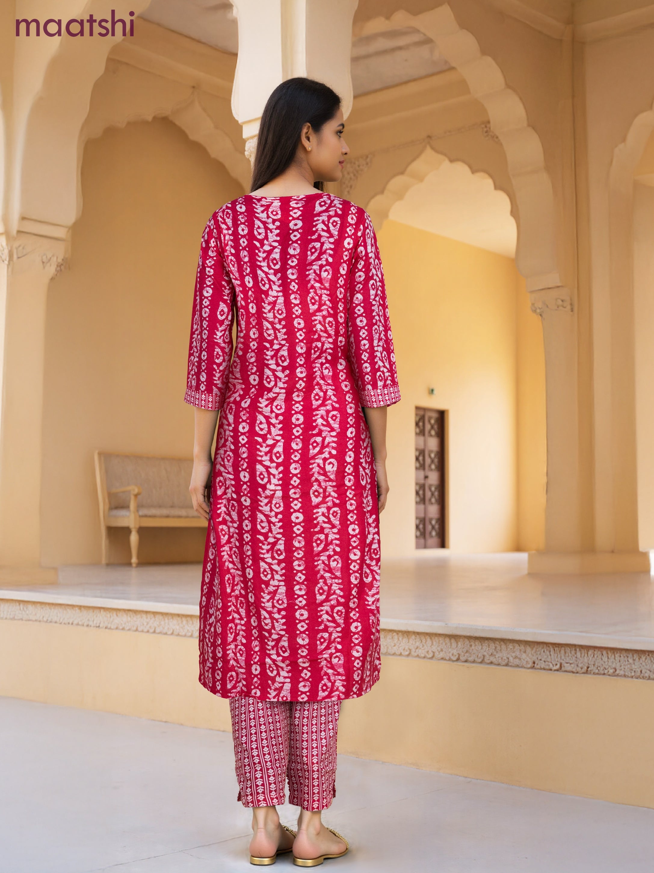 Cotton salwar suit pink and off white with allover batik prints & embroidery lace work neck pattern and straight cut pant & dupatta