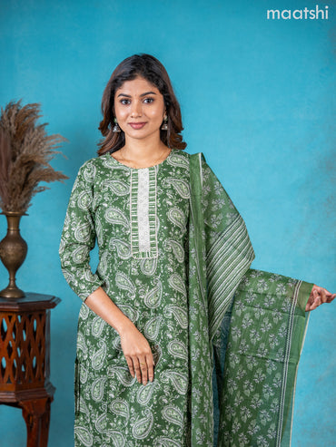 Semi cotton salwar suit green with allover paisley prints & lace work neck pattern and straight cut pant & dupatta