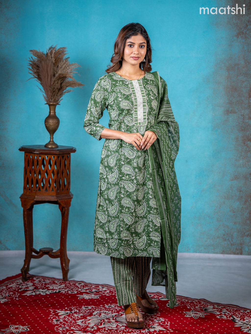 Semi cotton salwar suit green with allover paisley prints & lace work neck pattern and straight cut pant & dupatta