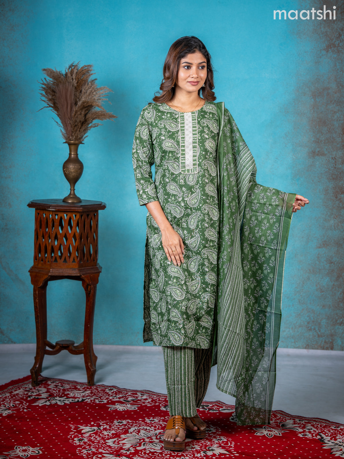 Semi cotton salwar suit green with allover paisley prints & lace work neck pattern and straight cut pant & dupatta