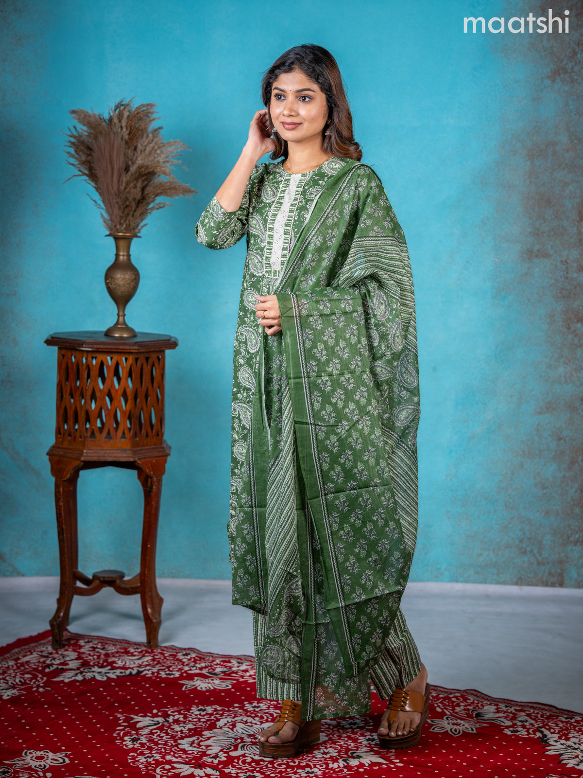 Semi cotton salwar suit green with allover paisley prints & lace work neck pattern and straight cut pant & dupatta