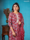 Semi cotton salwar suit red shade with allover paisley prints & lace work neck pattern and straight cut pant & dupatta