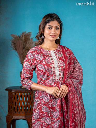 Semi cotton salwar suit red shade with allover paisley prints & lace work neck pattern and straight cut pant & dupatta
