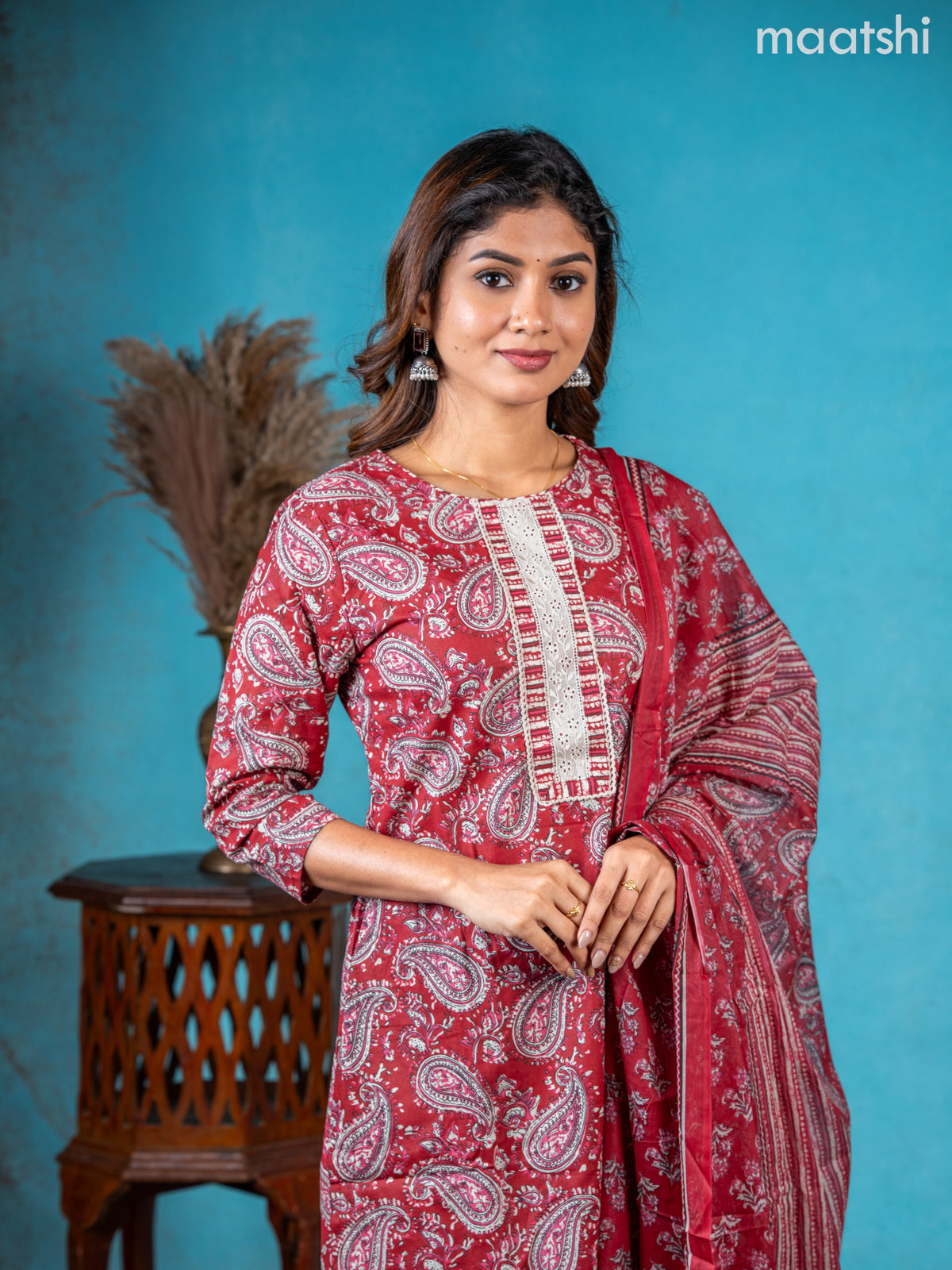 Semi cotton salwar suit red shade with allover paisley prints & lace work neck pattern and straight cut pant & dupatta