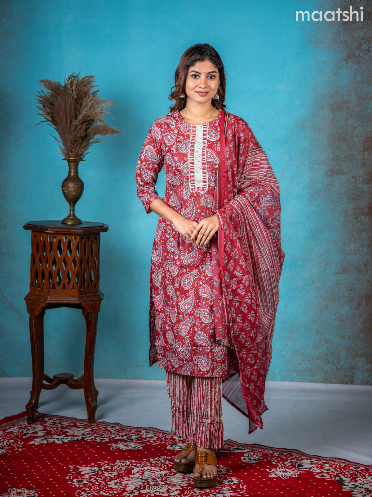 Semi cotton salwar suit red shade with allover paisley prints & lace work neck pattern and straight cut pant & dupatta