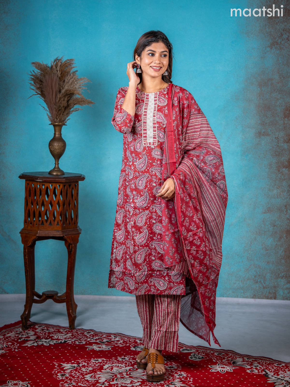 Semi cotton salwar suit red shade with allover paisley prints & lace work neck pattern and straight cut pant & dupatta