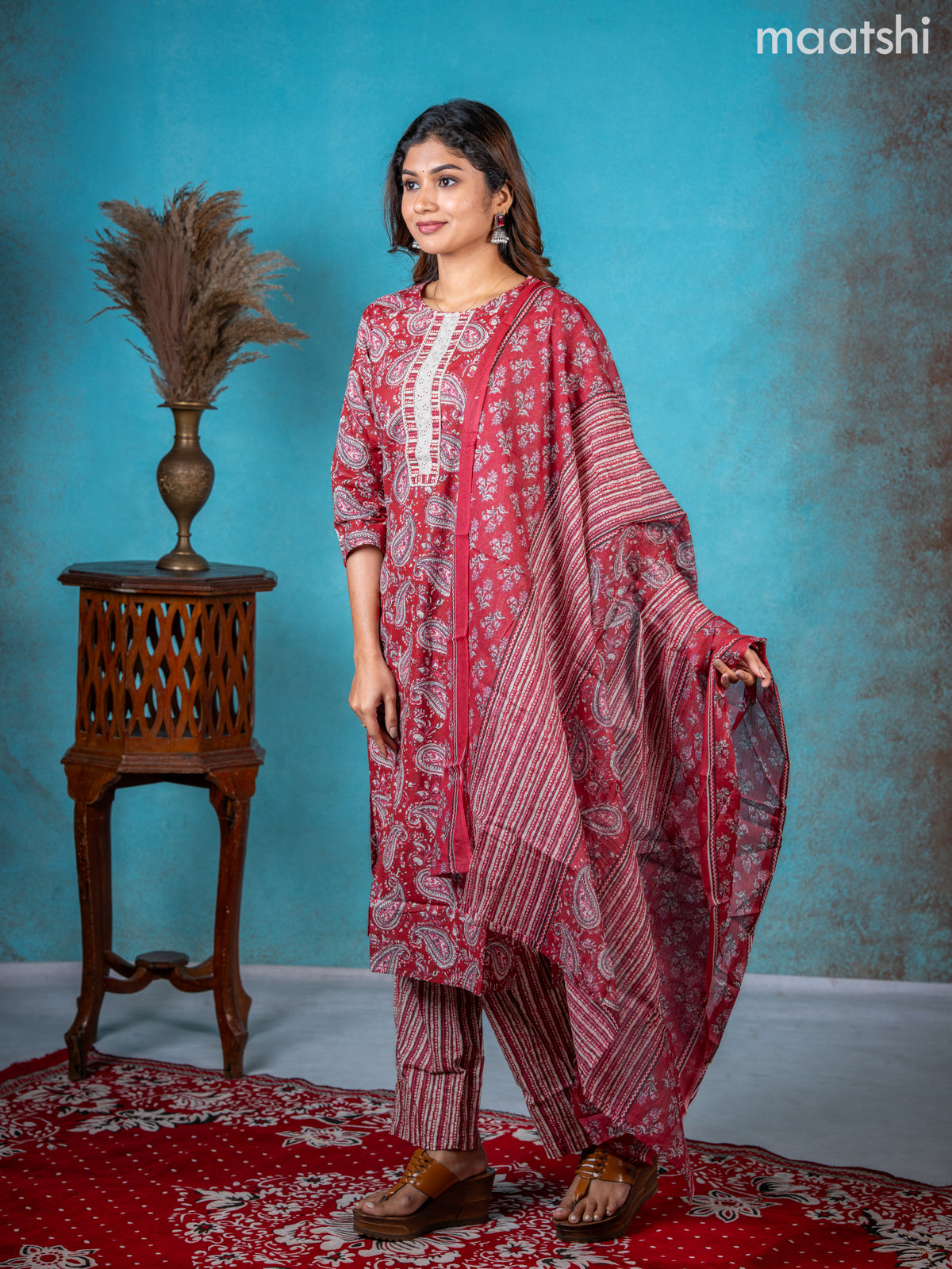 Semi cotton salwar suit red shade with allover paisley prints & lace work neck pattern and straight cut pant & dupatta