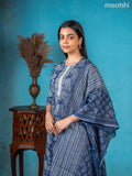 Semi cotton salwar suit navy blue with allover paisley prints & lace work neck pattern and straight cut pant & dupatta