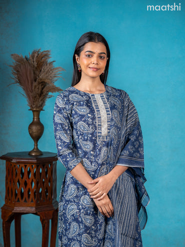 Semi cotton salwar suit navy blue with allover paisley prints & lace work neck pattern and straight cut pant & dupatta