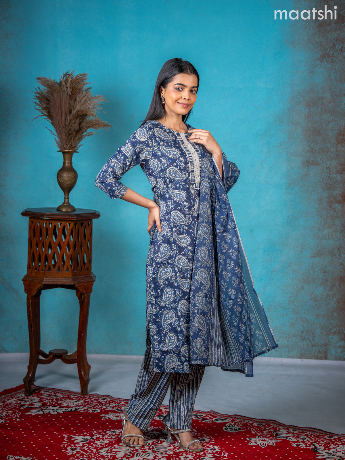 Semi cotton salwar suit navy blue with allover paisley prints & lace work neck pattern and straight cut pant & dupatta