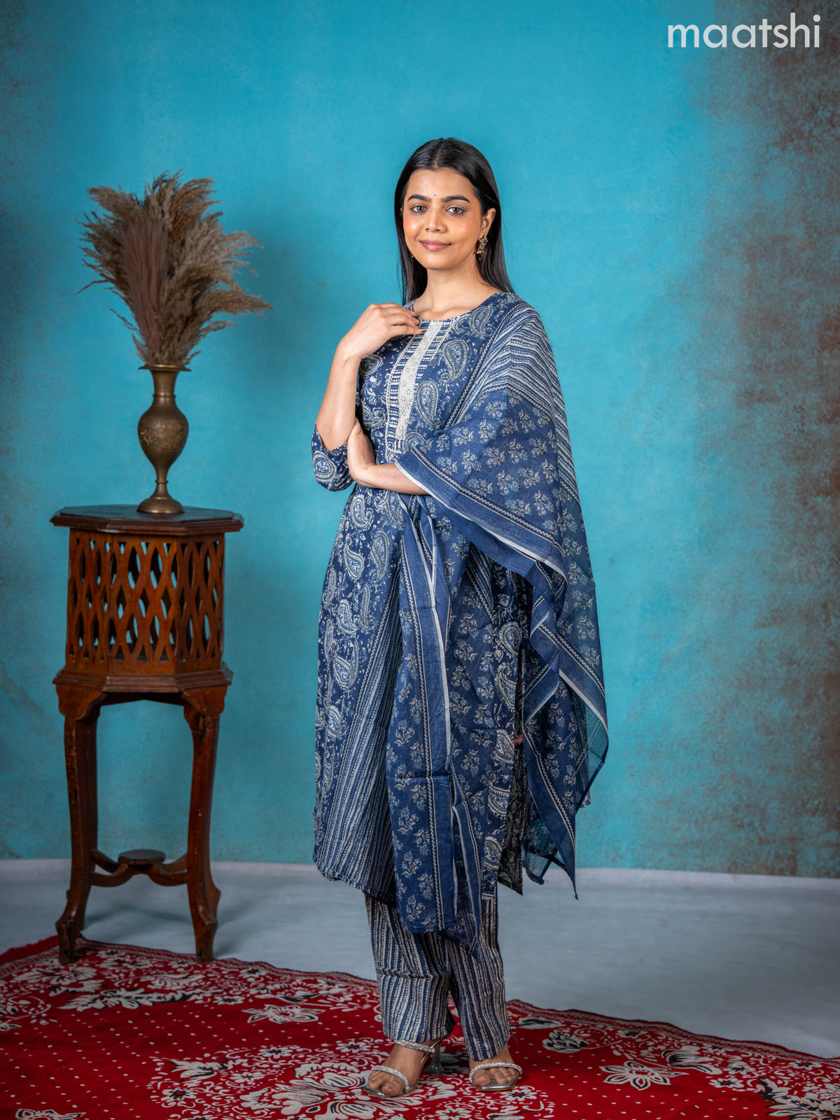 Semi cotton salwar suit navy blue with allover paisley prints & lace work neck pattern and straight cut pant & dupatta