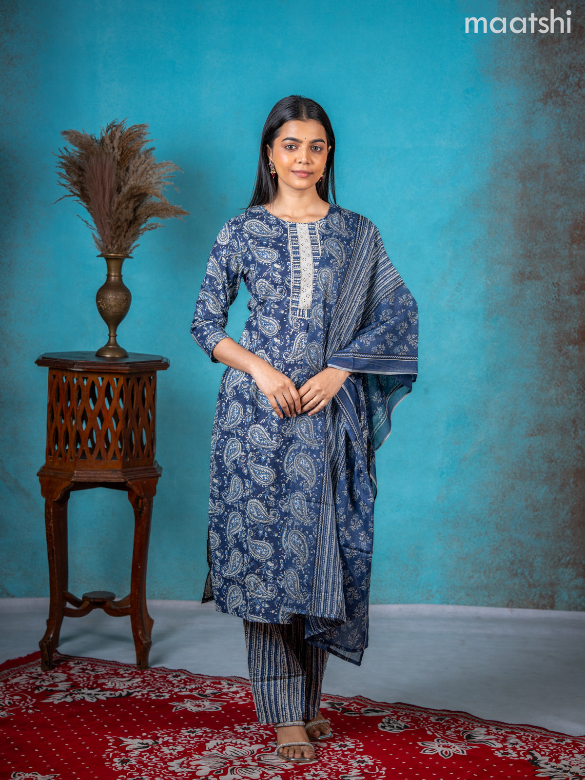 Semi cotton salwar suit navy blue with allover paisley prints & lace work neck pattern and straight cut pant & dupatta