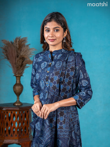 Semi cotton salwar suit navy blue and black with allover prints & collar neck pattern and straight cut pant & dupatta