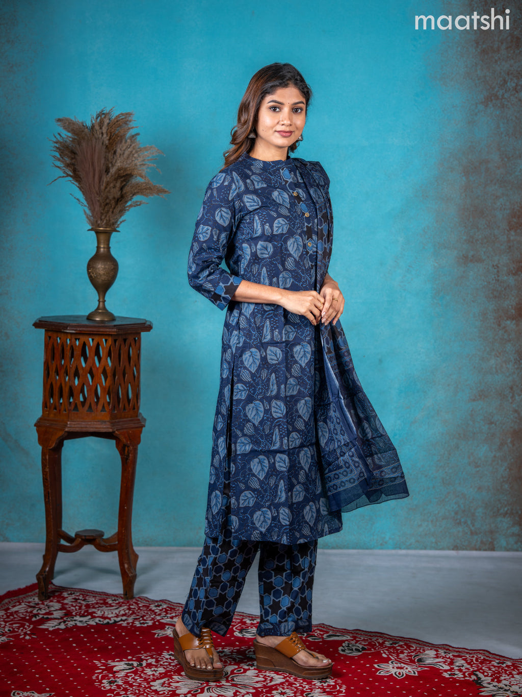 Semi cotton salwar suit navy blue and black with allover prints & collar neck pattern and straight cut pant & dupatta