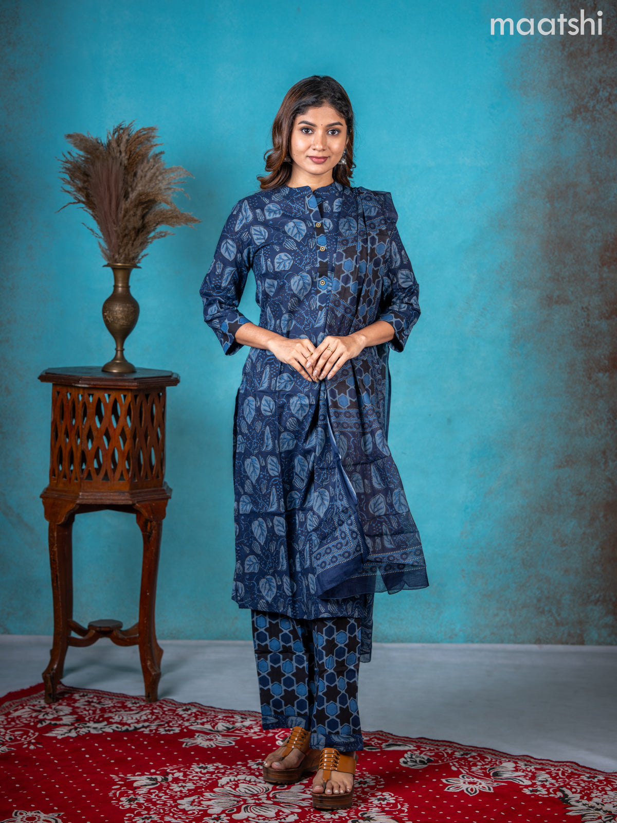 Semi cotton salwar suit navy blue and black with allover prints & collar neck pattern and straight cut pant & dupatta