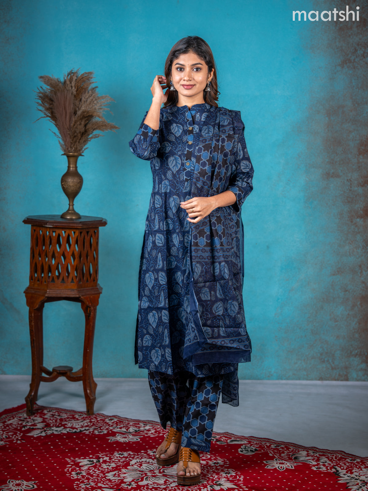 Semi cotton salwar suit navy blue and black with allover prints & collar neck pattern and straight cut pant & dupatta
