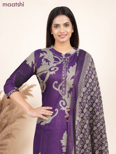 Cotton salwar suit deep purple and beige with allover prints & kantha stitch work neck pattern and straight cut pant & dupatta