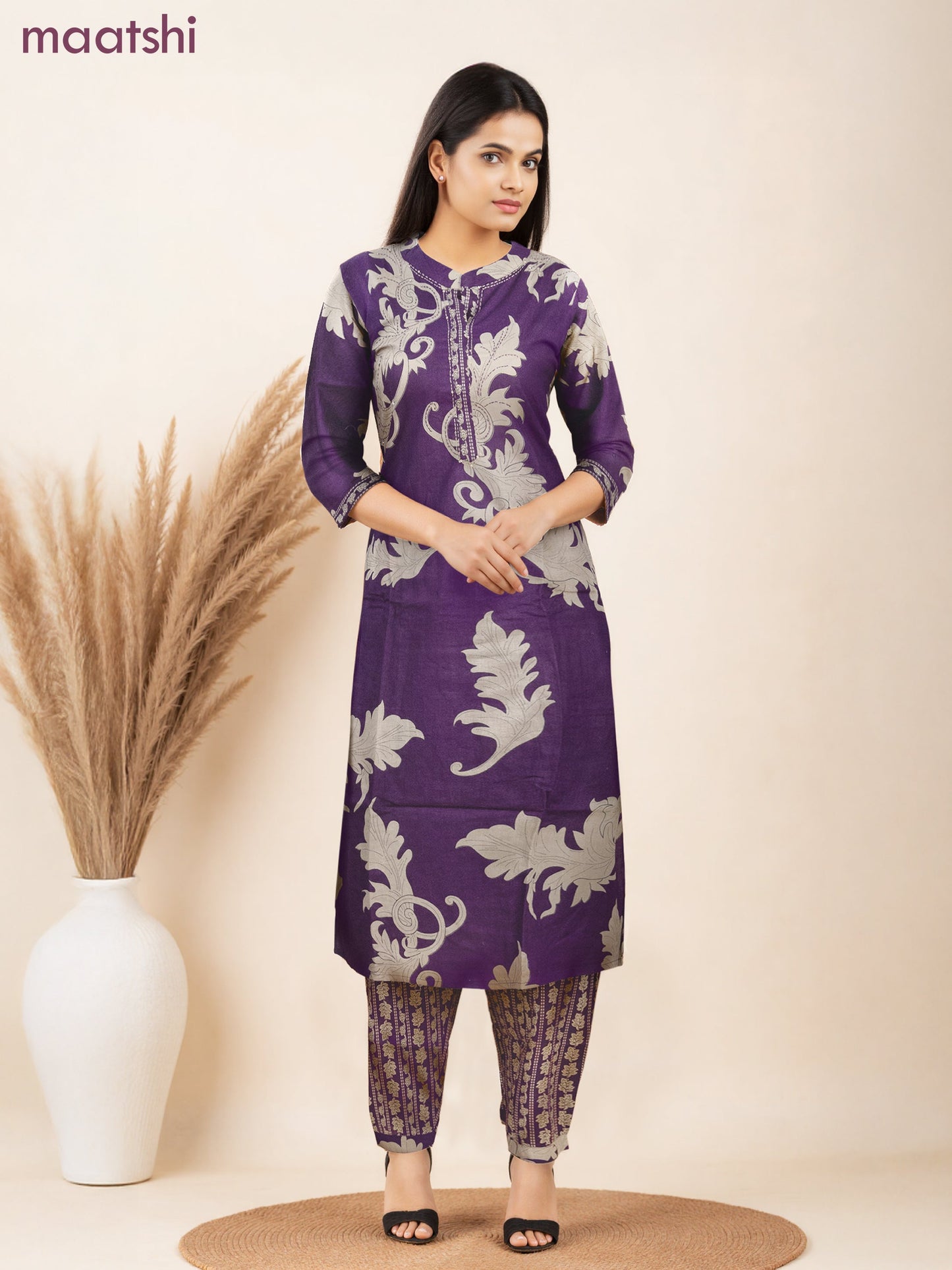 Cotton salwar suit deep purple and beige with allover prints & kantha stitch work neck pattern and straight cut pant & dupatta