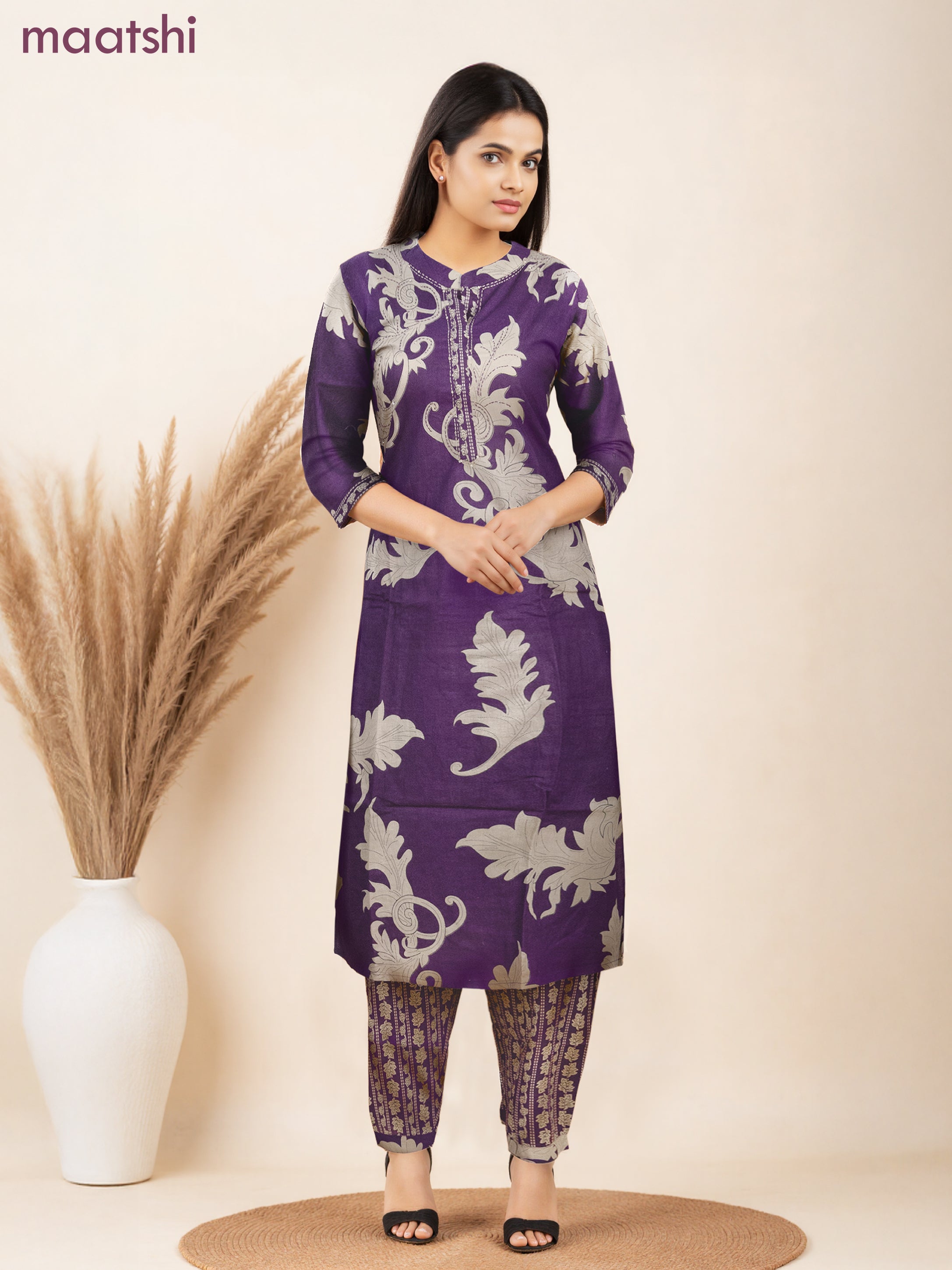 Cotton salwar suit deep purple and beige with allover prints & kantha stitch work neck pattern and straight cut pant & dupatta