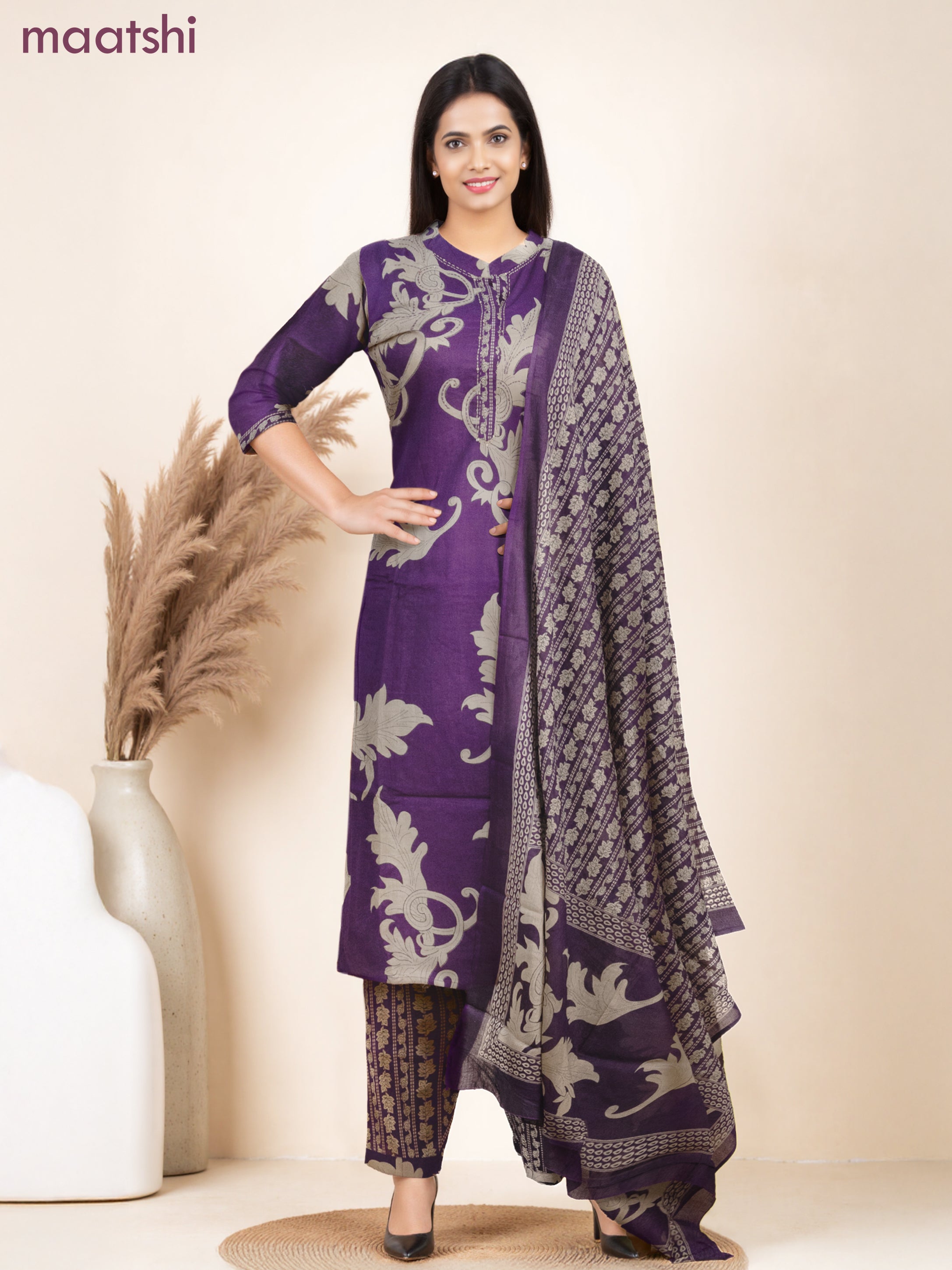 Cotton salwar suit deep purple and beige with allover prints & kantha stitch work neck pattern and straight cut pant & dupatta