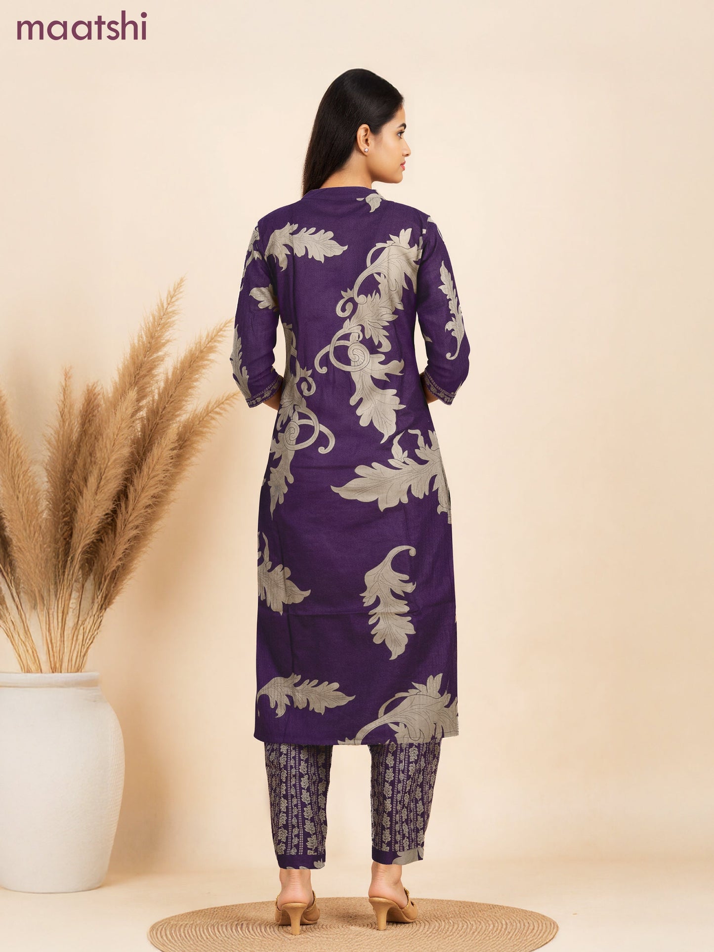Cotton salwar suit deep purple and beige with allover prints & kantha stitch work neck pattern and straight cut pant & dupatta