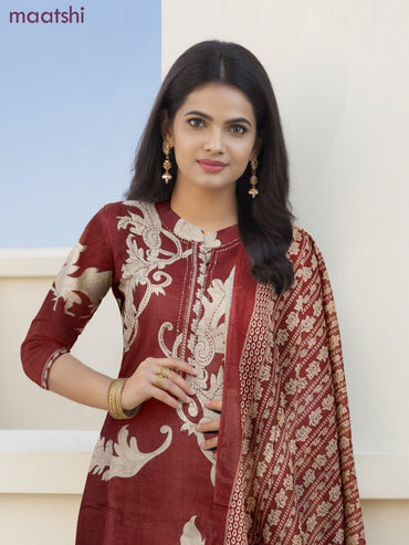 Cotton salwar suit maroon and beige with allover prints & kantha stitch work neck pattern and straight cut pant & dupatta