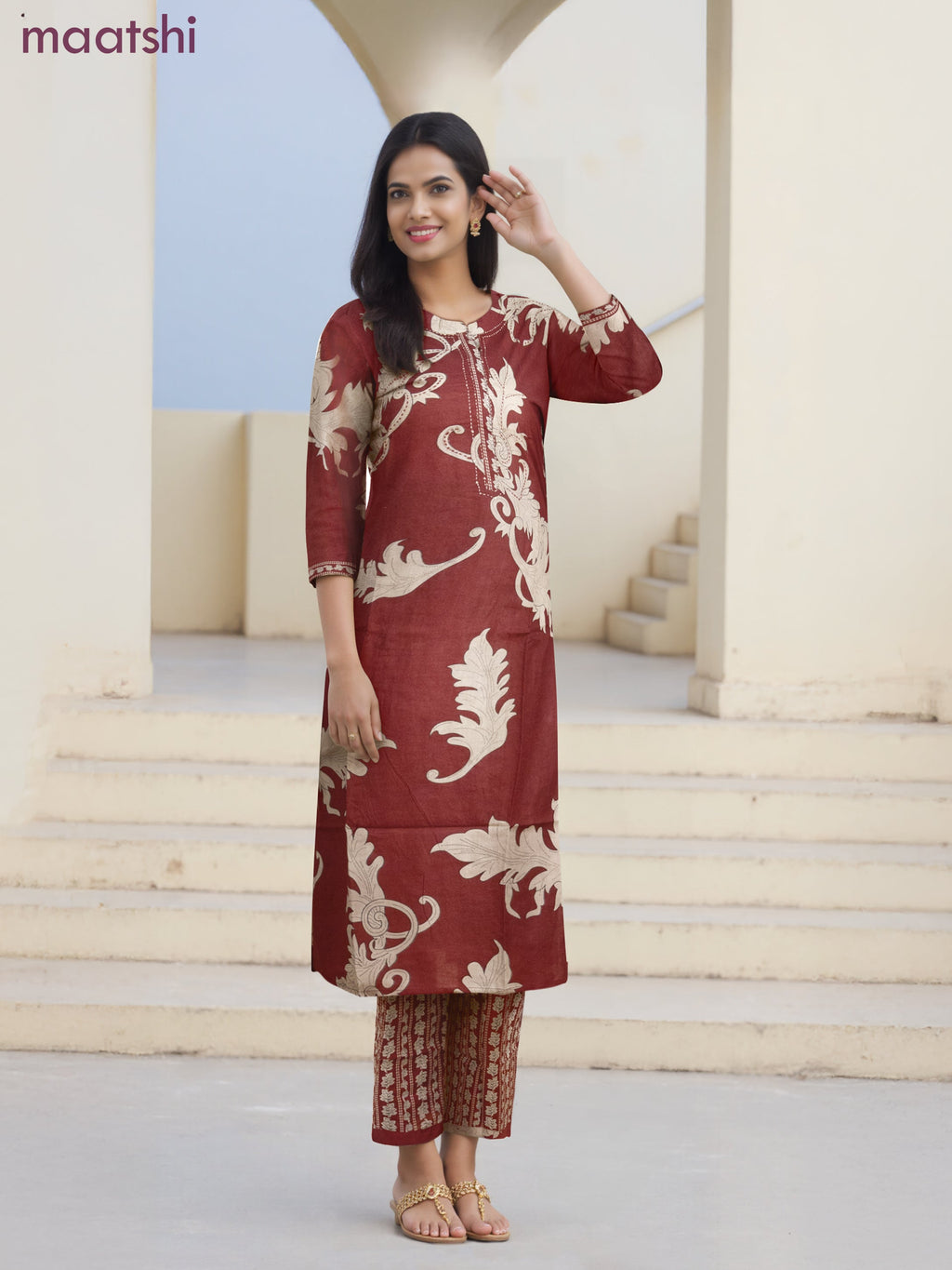 Cotton salwar suit maroon and beige with allover prints & kantha stitch work neck pattern and straight cut pant & dupatta