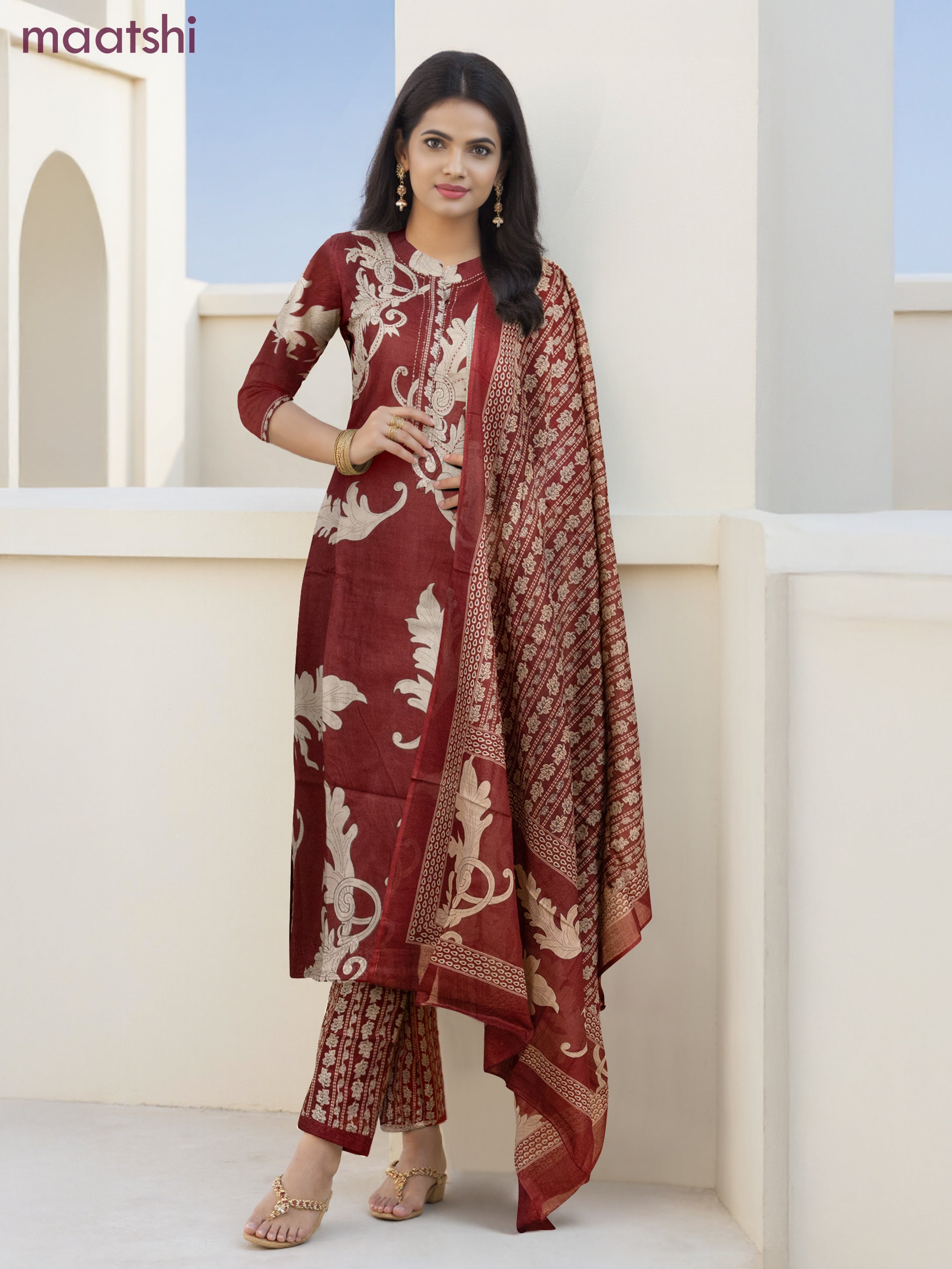 Cotton salwar suit maroon and beige with allover prints & kantha stitch work neck pattern and straight cut pant & dupatta