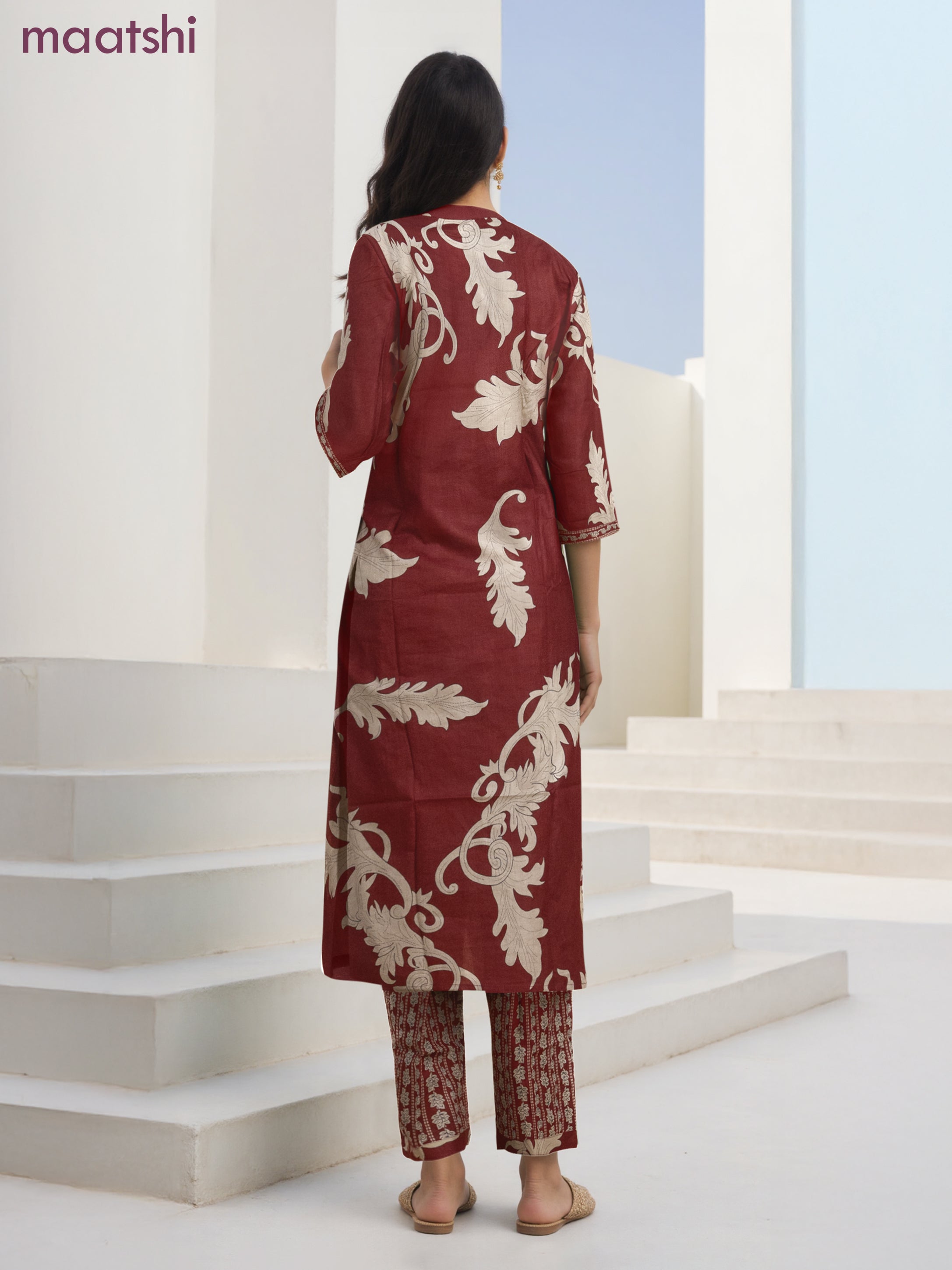 Cotton salwar suit maroon and beige with allover prints & kantha stitch work neck pattern and straight cut pant & dupatta