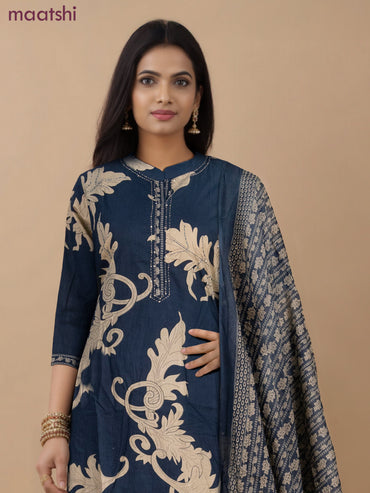 Cotton salwar suit dark peacock blue and beige with allover prints & kantha stitch work neck pattern and straight cut pant & dupatta