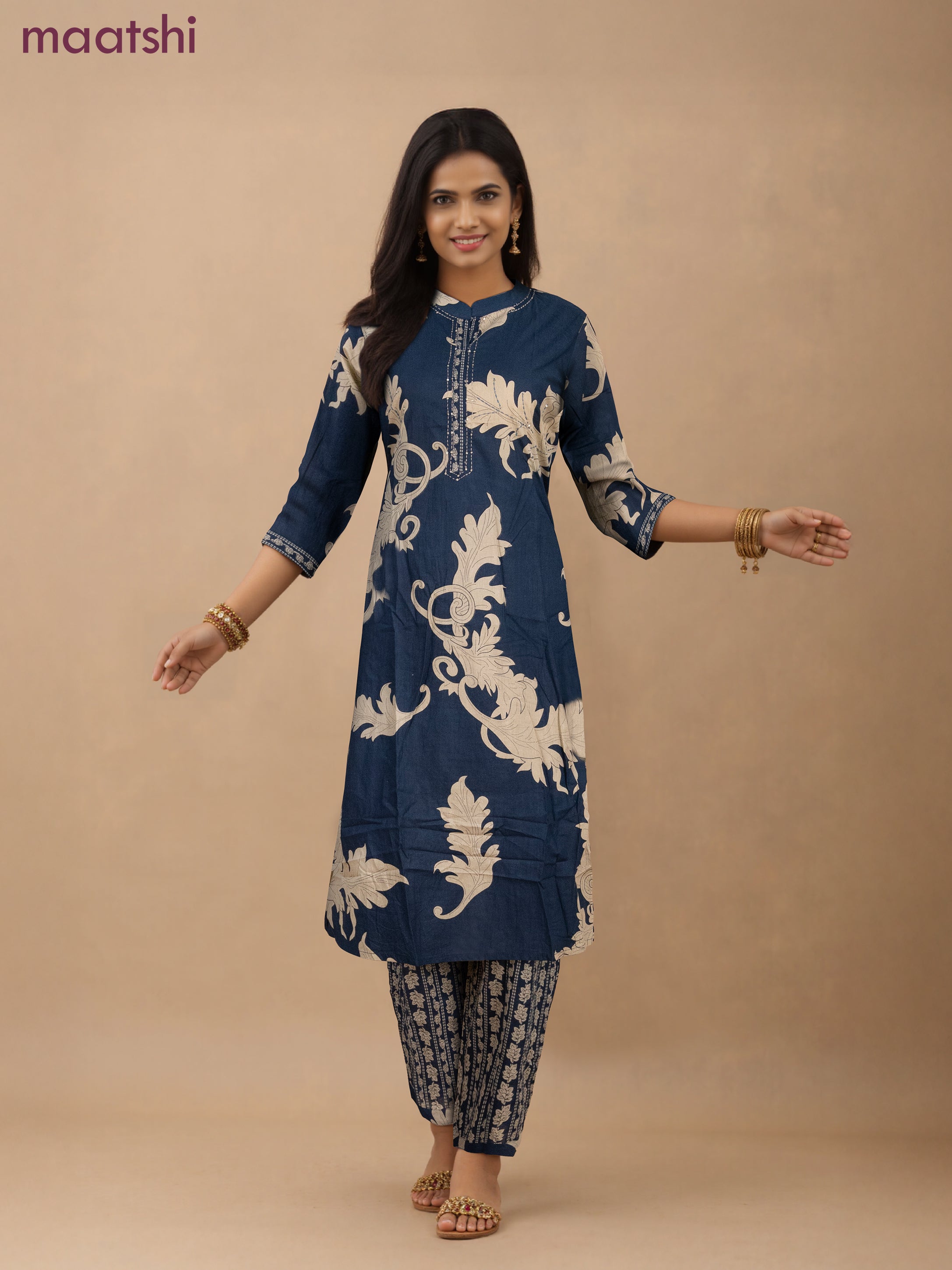 Cotton salwar suit dark peacock blue and beige with allover prints & kantha stitch work neck pattern and straight cut pant & dupatta