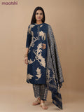 Cotton salwar suit dark peacock blue and beige with allover prints & kantha stitch work neck pattern and straight cut pant & dupatta