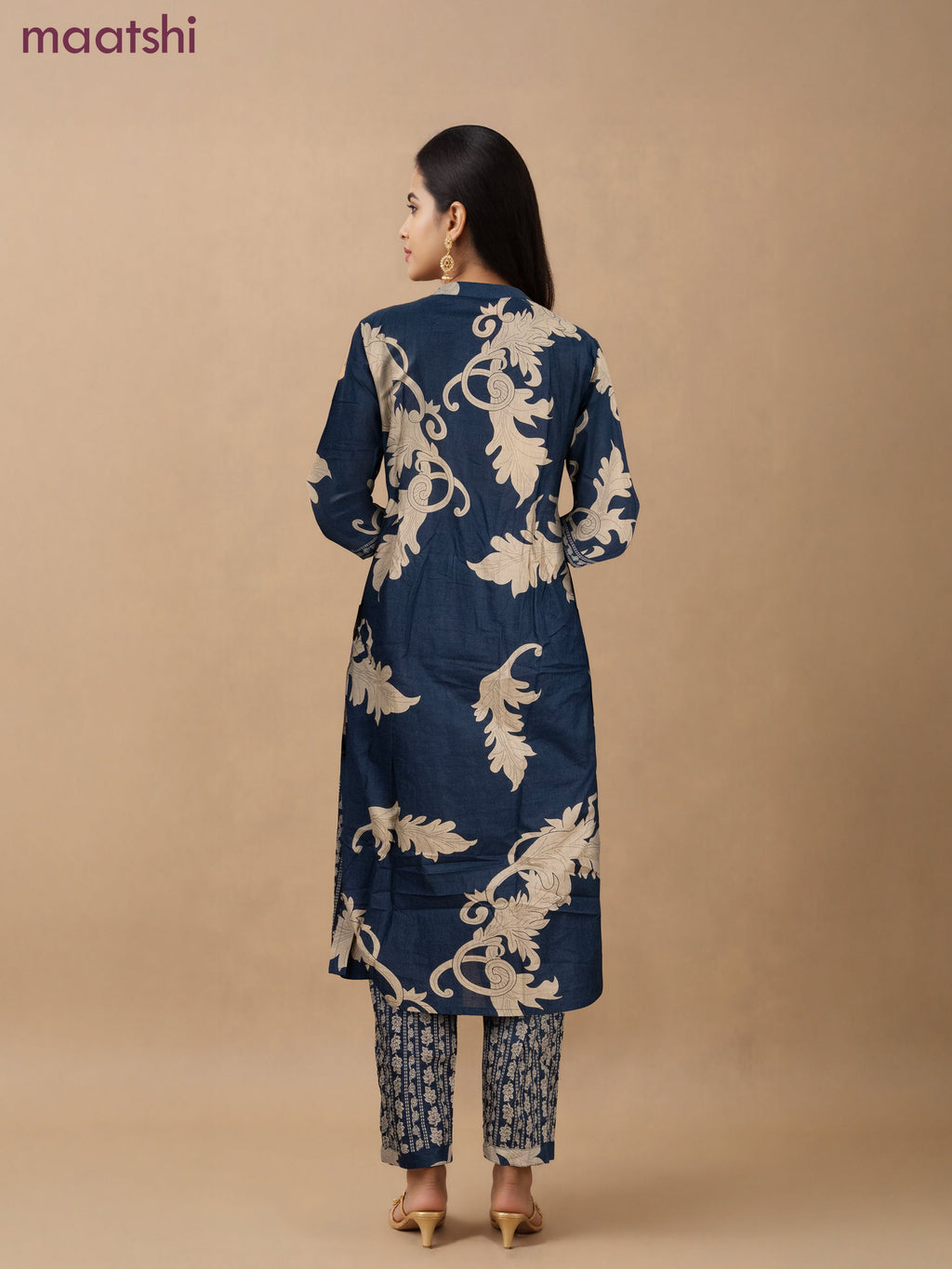 Cotton salwar suit dark peacock blue and beige with allover prints & kantha stitch work neck pattern and straight cut pant & dupatta