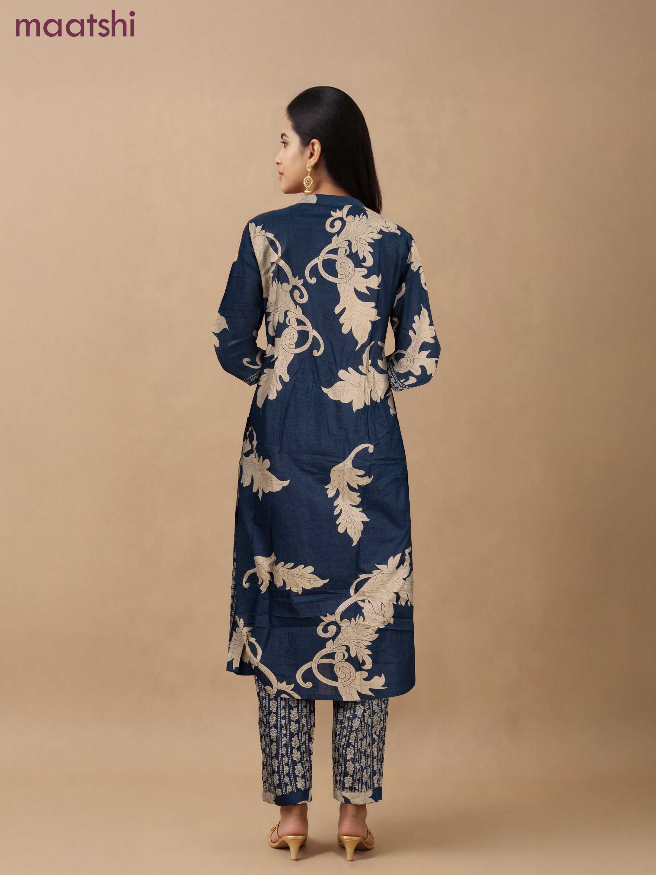 Cotton salwar suit dark peacock blue and beige with allover prints & kantha stitch work neck pattern and straight cut pant & dupatta