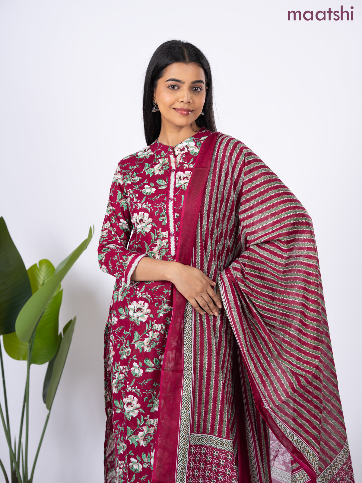 Semi cotton salwar suit maroon and green with allover floral prints & simple neck pattern and straight cut pant & dupatta
