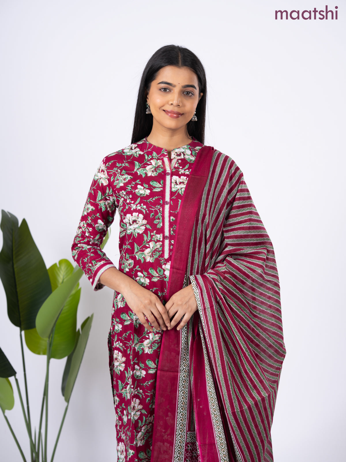 Semi cotton salwar suit maroon and green with allover floral prints & simple neck pattern and straight cut pant & dupatta