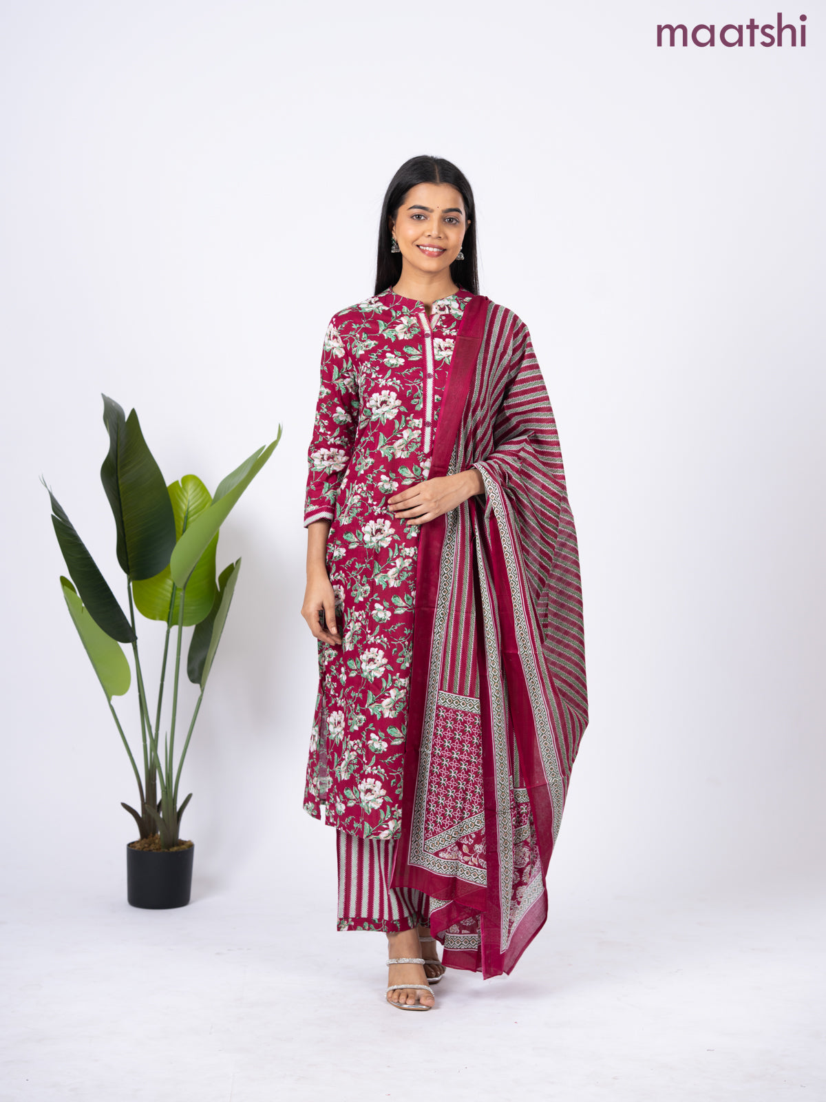Semi cotton salwar suit maroon and green with allover floral prints & simple neck pattern and straight cut pant & dupatta