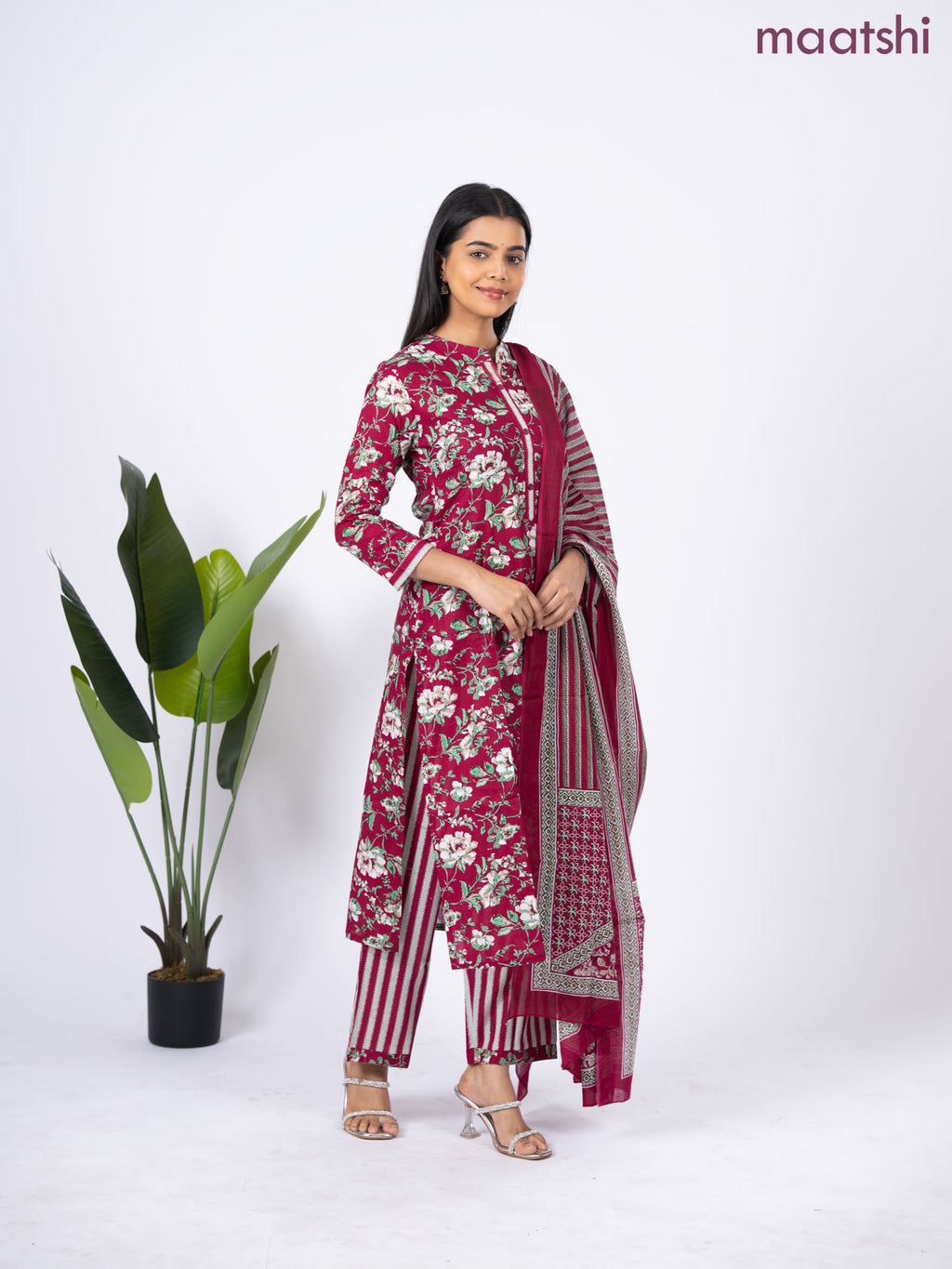 Semi cotton salwar suit maroon and green with allover floral prints & simple neck pattern and straight cut pant & dupatta