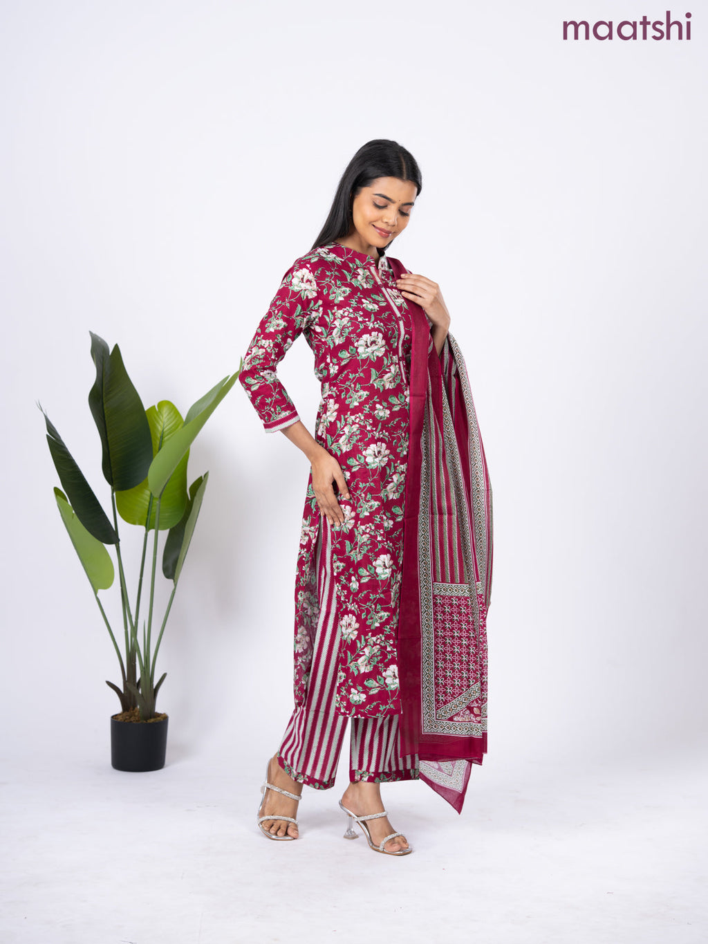 Semi cotton salwar suit maroon and green with allover floral prints & simple neck pattern and straight cut pant & dupatta