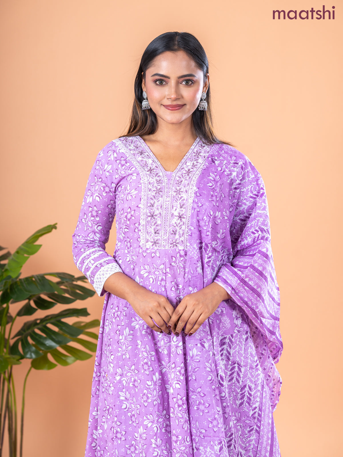 Anarkali salwar suit lavender and off white with allover floral prints & embroidery sequin work neck pattern and straight cut pant & dupatta