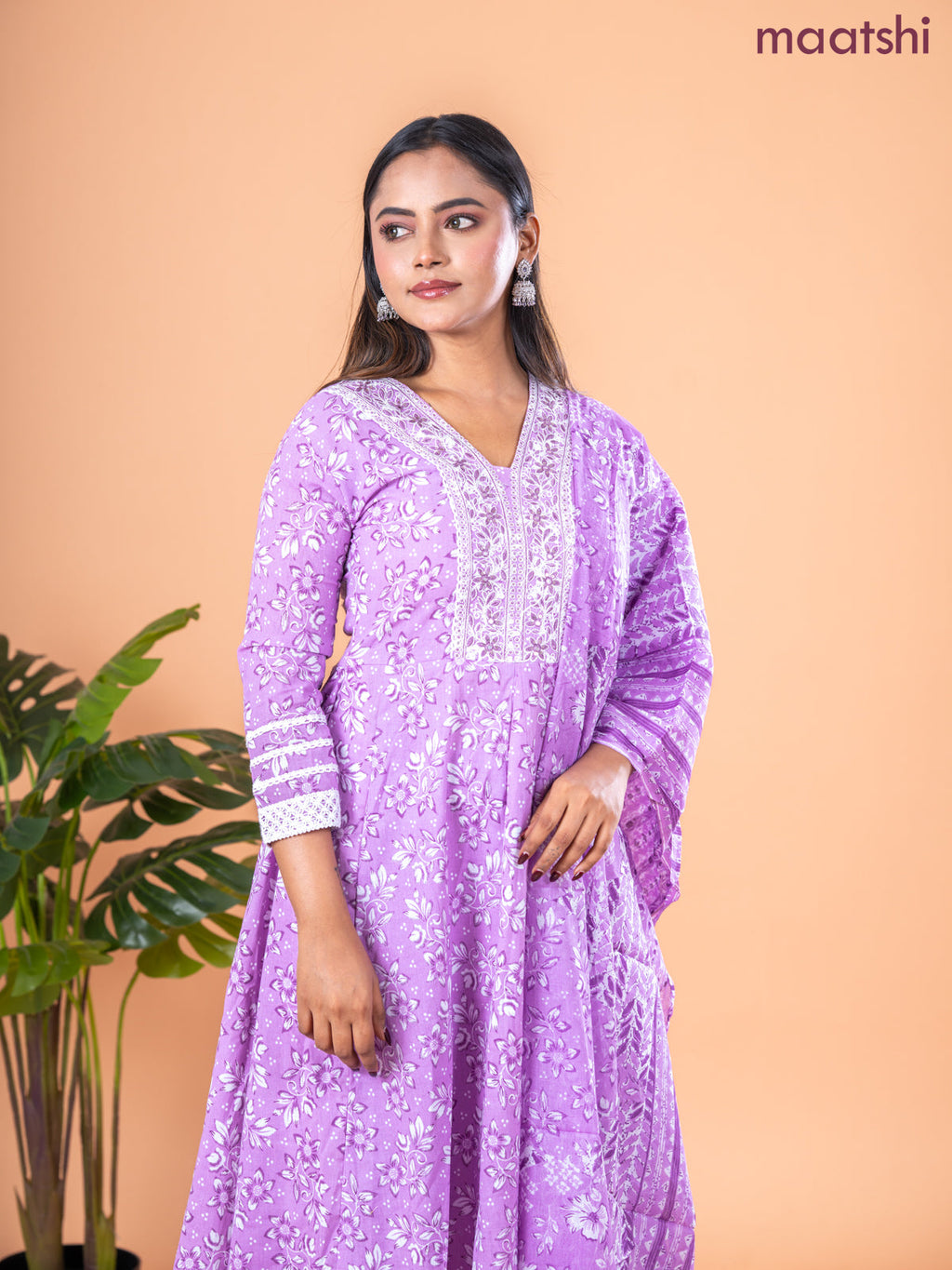 Anarkali salwar suit lavender and off white with allover floral prints & embroidery sequin work neck pattern and straight cut pant & dupatta