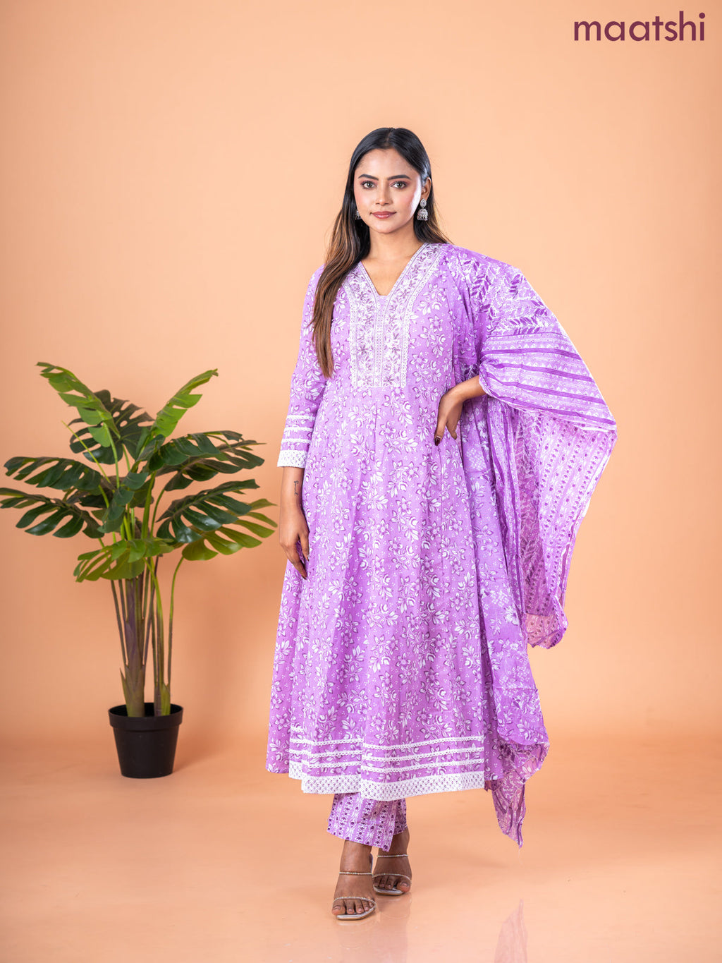 Anarkali salwar suit lavender and off white with allover floral prints & embroidery sequin work neck pattern and straight cut pant & dupatta