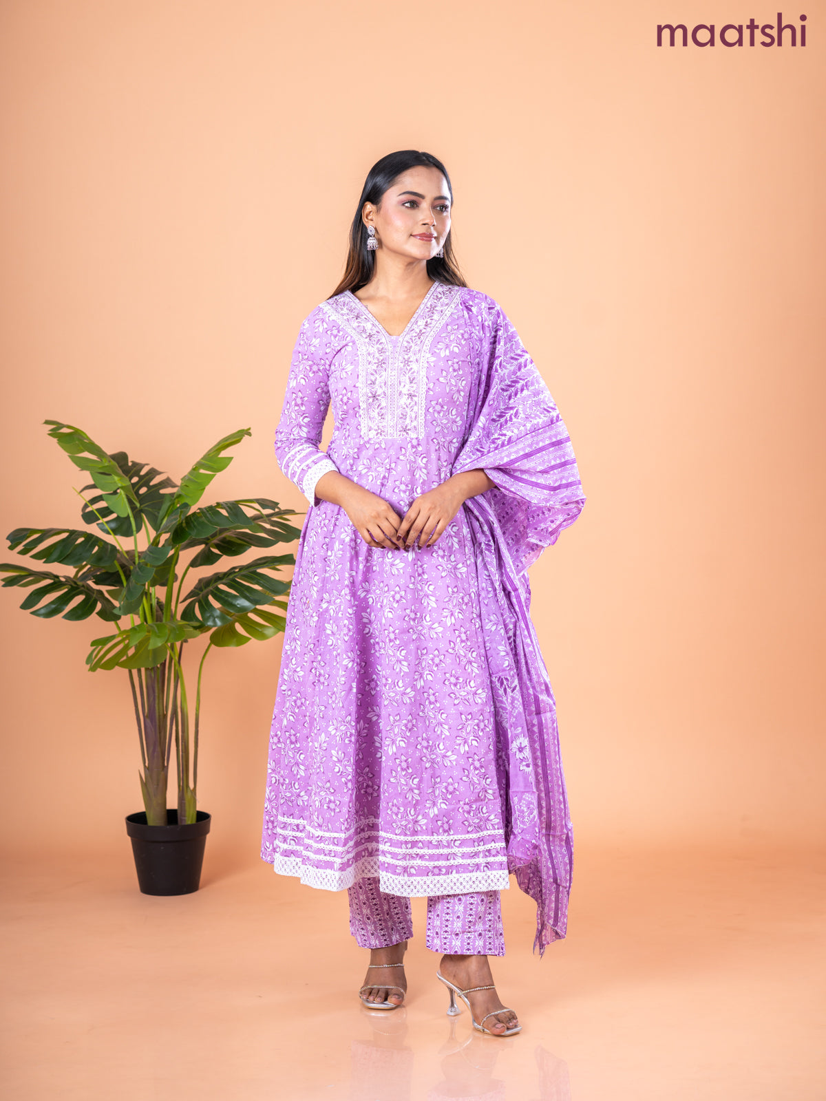 Anarkali salwar suit lavender and off white with allover floral prints & embroidery sequin work neck pattern and straight cut pant & dupatta