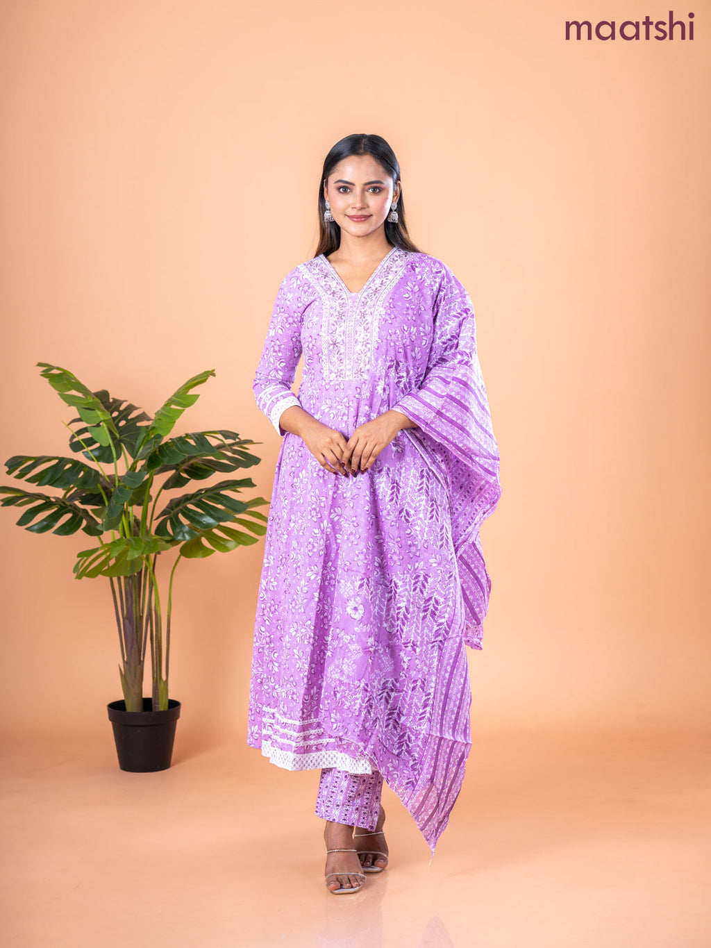 Anarkali salwar suit lavender and off white with allover floral prints & embroidery sequin work neck pattern and straight cut pant & dupatta